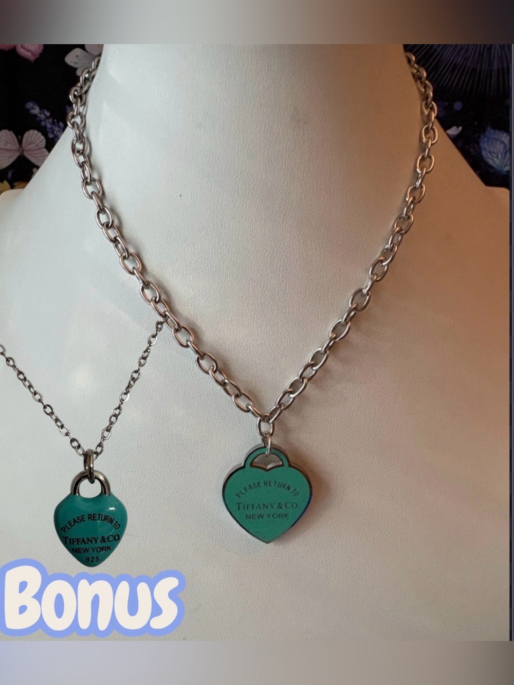 Stainless Steel Silver-Tone Heart Tag Turquoise Bonus Small Heart Necklaces.
